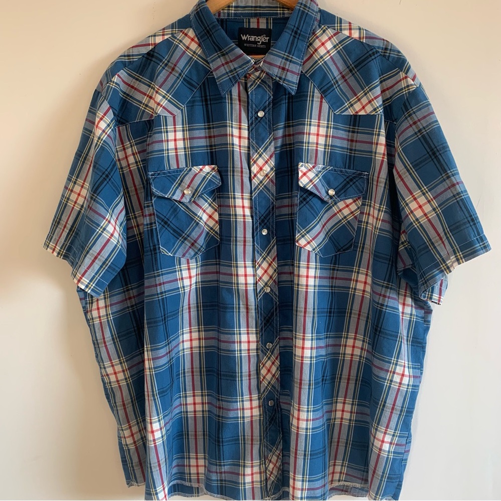 Vintage Wrangler Pearl Snap Western Shirt Blue Plaid Short Sleeve Lightweight